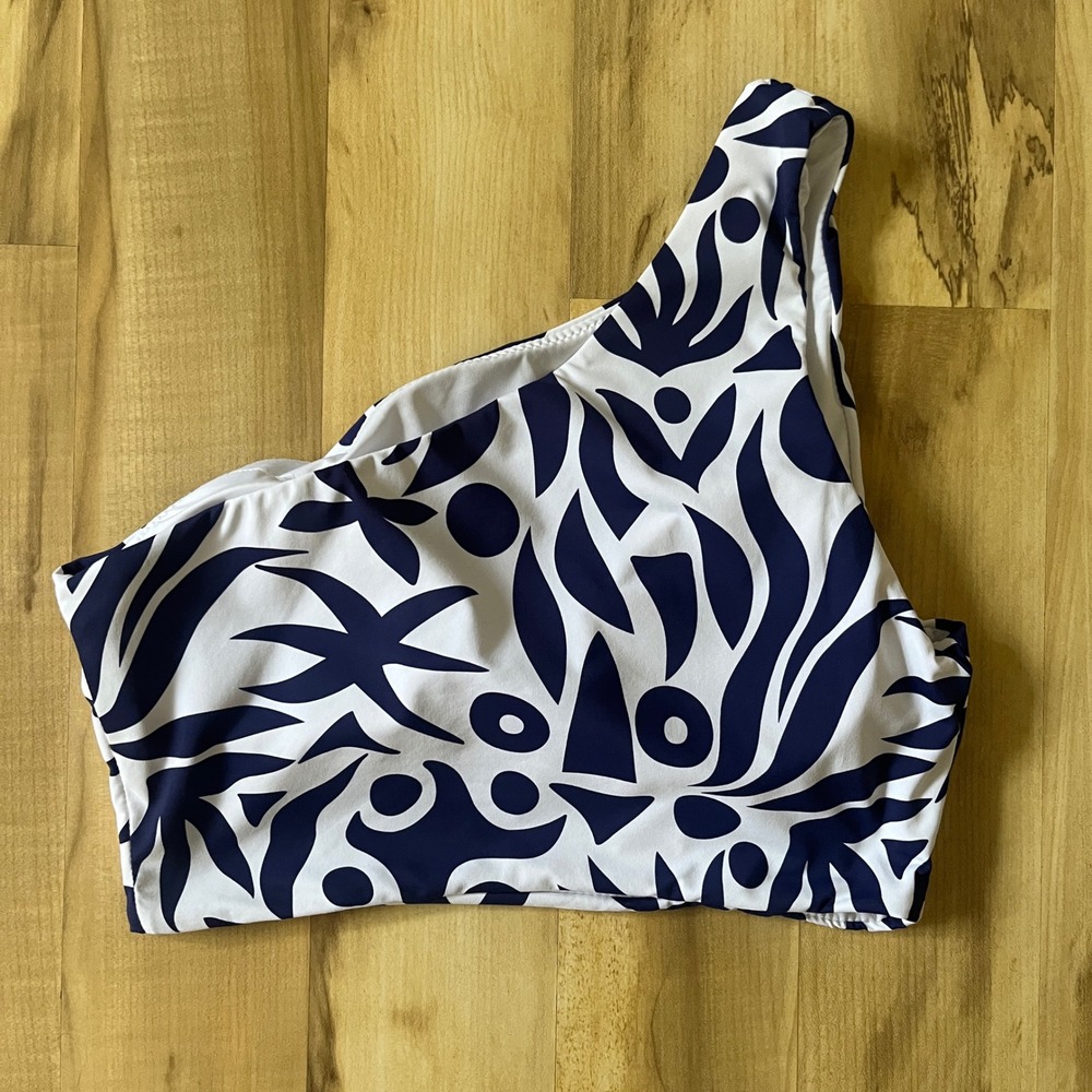 Baltic Born Bali One Shoulder Bikini Top Women's Large White Navy Blue Tropical - Picture 2 of 9